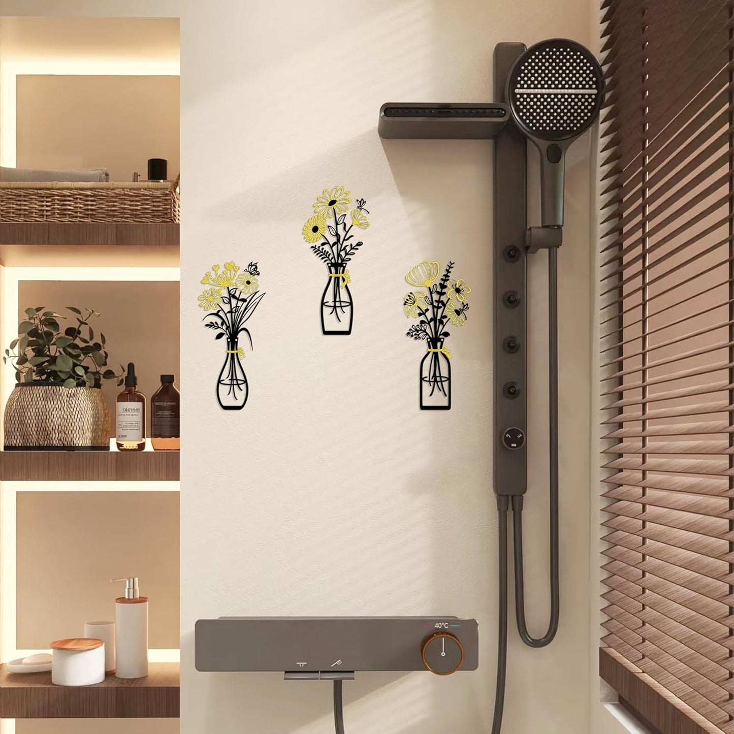 Iron Metal Vase Flower Wall Art Set of 3 - Minimalist Black Floral Decor for Living Room Bedroom Kitchen, Office Garden - Modern Farmhouse Home Decor & Housewarming Gifts (Black-Golden)