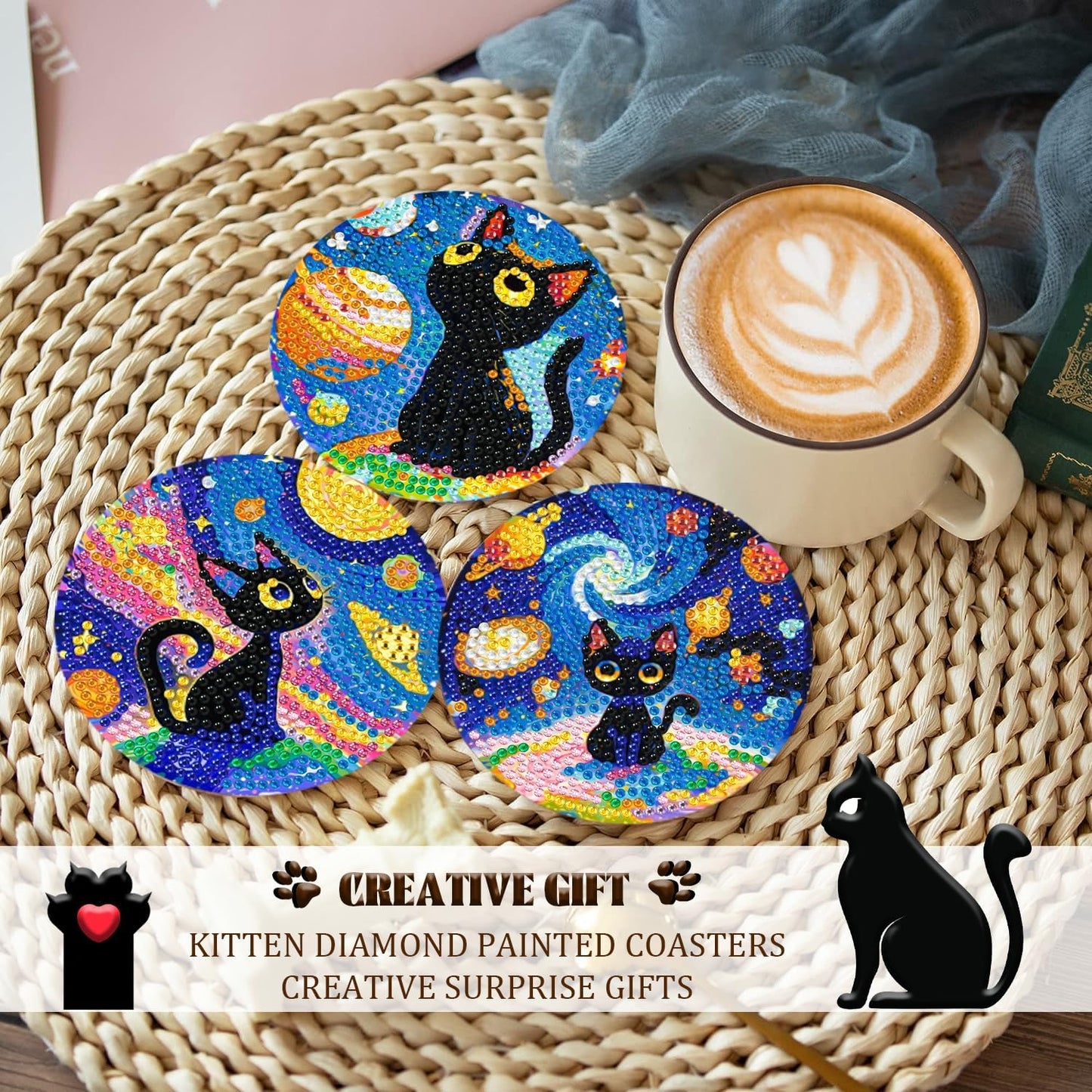 DOZEEZOP 8 PCS Diamond Art Coasters Kit, Cat Diamond Painting Coasters with Holder, Fall Diamond Art Kits for Adults Beginners, Arts and Crafts Supplies Black Astral Cat Animals