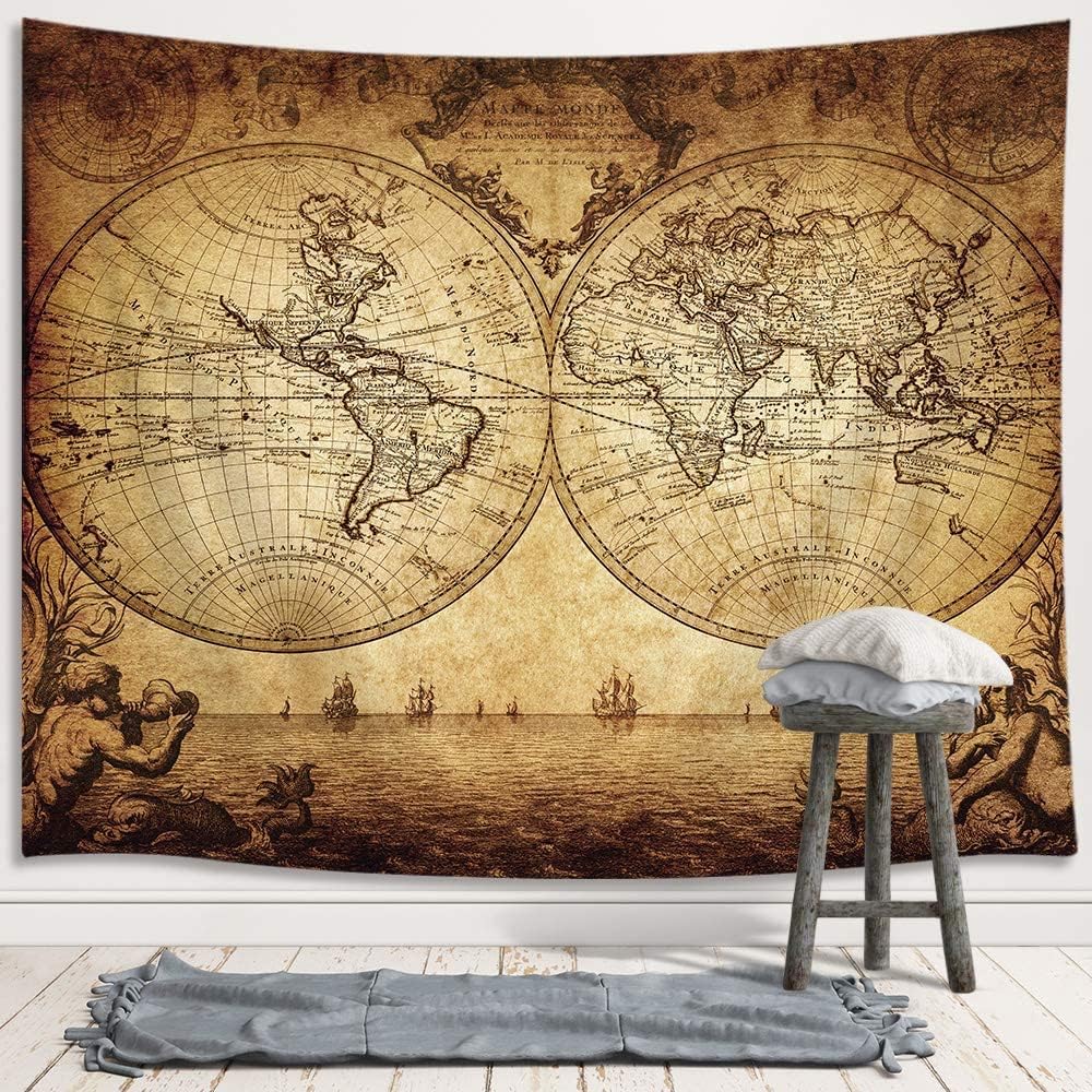 JAWO Old World Map Tapestry, Vintage Wanderlust Pirate Map Tapestry Wall Hanging for Bedroom, Historical Atlas Tapestries Poster Beach Blanket College Dorm Home Decor (90W X 70H)