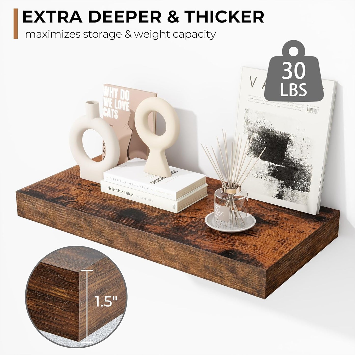 Fun Memories 16 Inch Floating Shelves - Deep Rustic Wooden Wall Shelves - Extra Deeper & Thicker Wall Mounted Storage Shelf for Bedroom, Kitchen, Farmhouse - 2 Pack, Rustic Brown