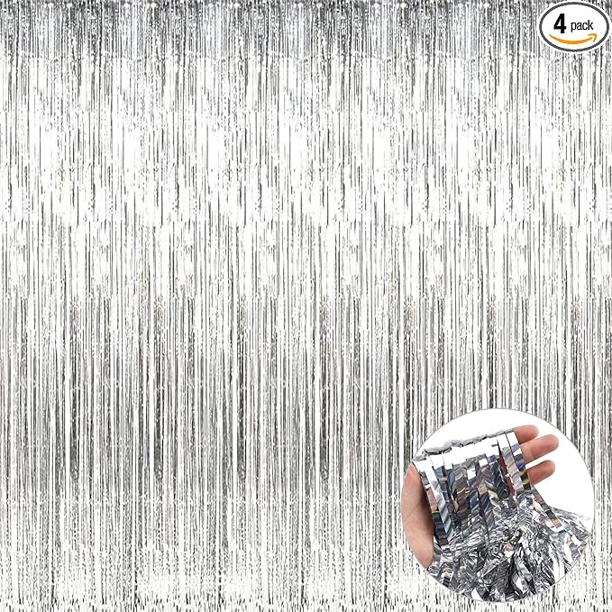 4 Pack Silver Foil Fringe Curtain Backdrop, 3.28Ft x 9.84Ft Metallic Tinsel Streamers Curtains for Party, Photo Booth Props, Birthday, 2022 Graduation Decoration Supplies