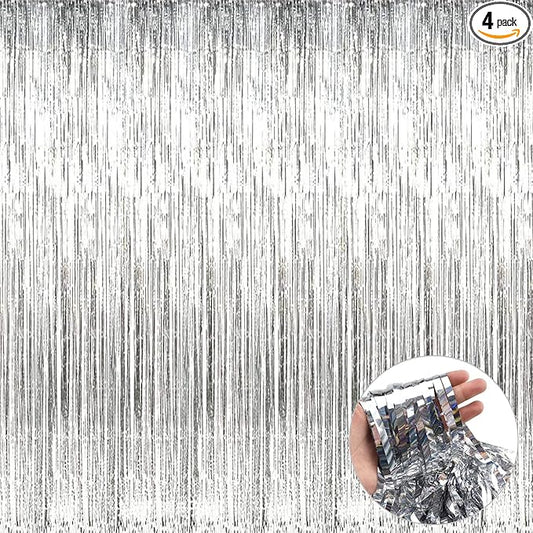 4 Pack Silver Foil Fringe Curtain Backdrop, 3.28Ft x 9.84Ft Metallic Tinsel Streamers Curtains for Party, Photo Booth Props, Birthday, 2022 Graduation Decoration Supplies
