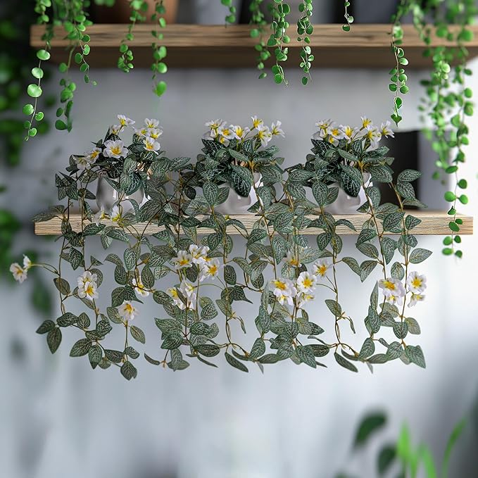 2PCS Artificial Hanging Plant with Pot Faux Hanging Plants Small Hanging Plants Pot with Artificial Vines and Flower Greenery Decoration for Living Room Wall Home Wall Shelf (White)