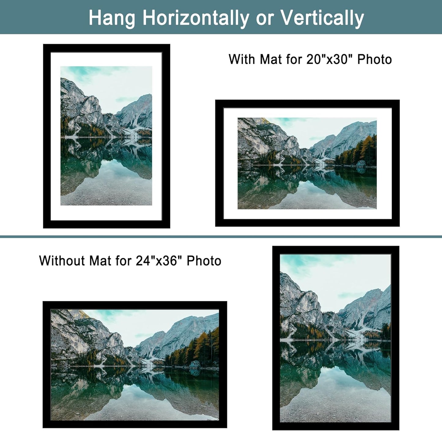 iRahmen 24x36 Poster Frame Set of 2 with Plexiglass, Black Picture Frame Display 20x30 Pictures with Mat or 24 x 36 Without Mat, Wood Photo Frame for Horizontal or Vertical Wall Mounting