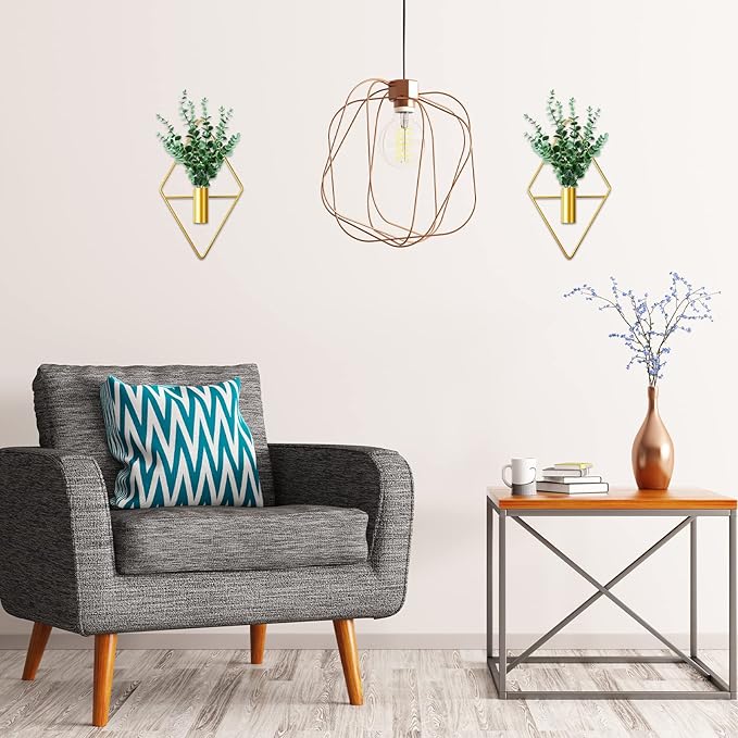2 Pieces Gold Wall Decor Hanging Planters with Artificial Plants Metal Vase Indoor Plants Holder Modern Geometric Wall Art for Home Bathroom Bedroom Living Room Office(Eucalyptus,Medium)