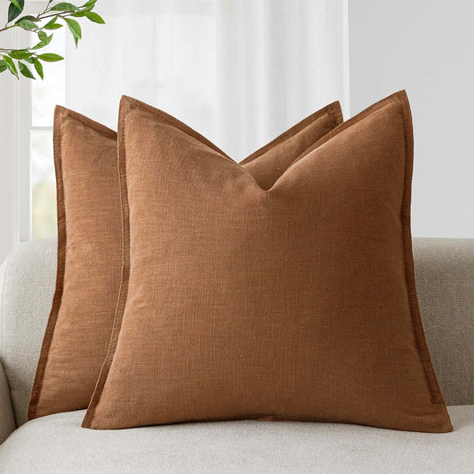 Foindtower Pack of 2, Decorative Linen Soild Throw Pillow Covers Soft Accent Cushion Case Boho Farmhouse Pillowcase for Couch Sofa Bedroom Living Room Home Decor 22 x 22 Inch Orange Brown
