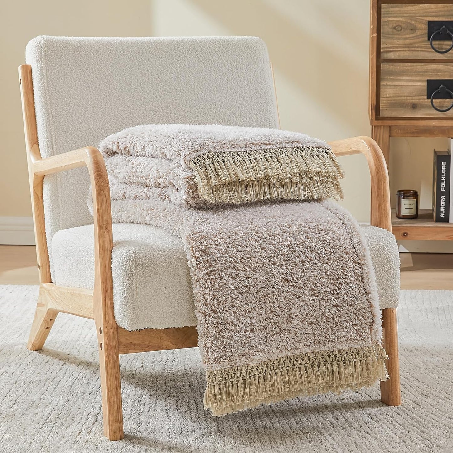 EMME Soft Sherpa Fleece Blanket with Tassel, Reversible Plush Fluffy Large Blanket, Light Weight Warm Decorative Boho Blanket Cover for Sofa, Couch, Bedroom,Travel(Tassel Khaki,50"x60")