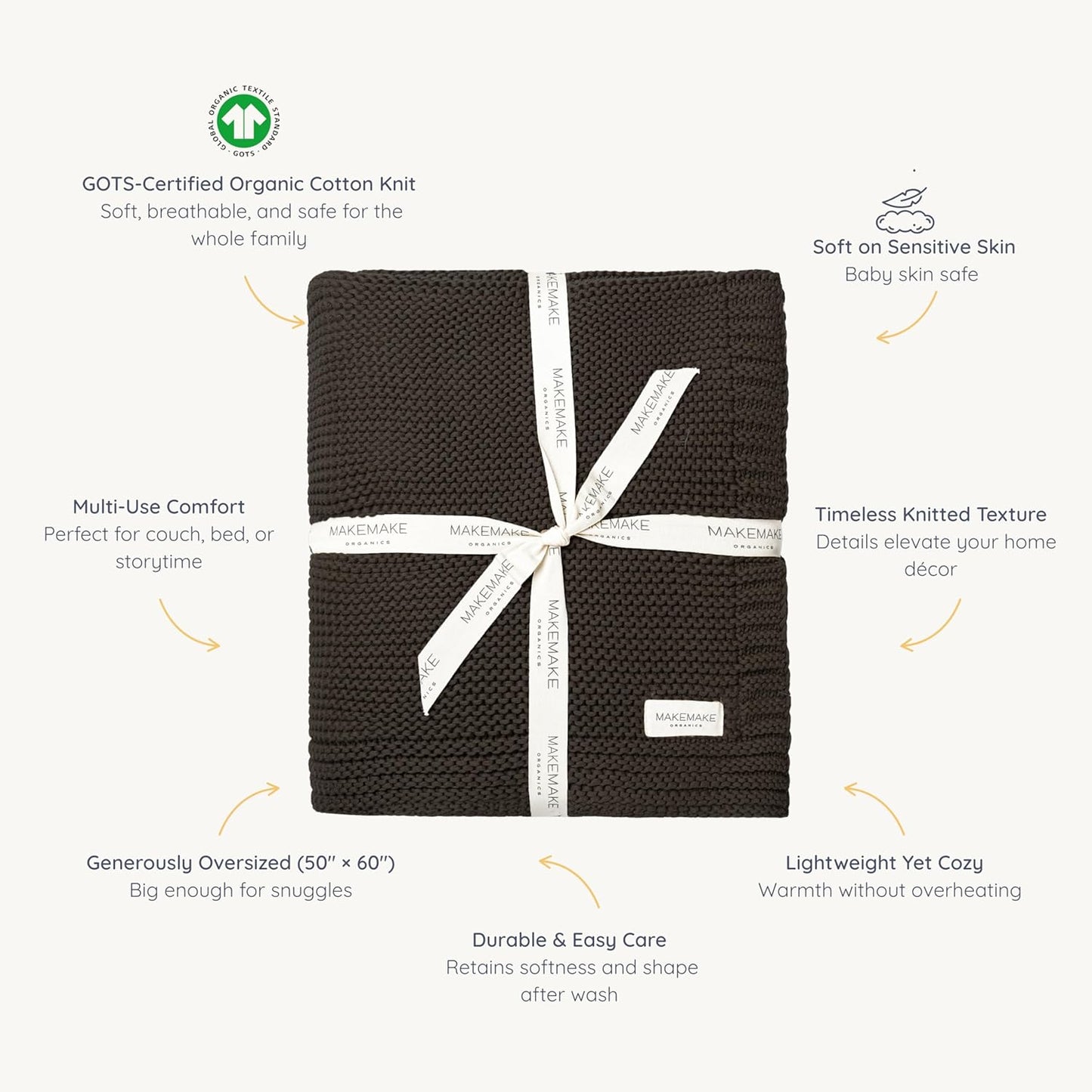 MakeMake Organics Organic Throw Blanket GOTS Certified Organic Cotton Blanket Knit Couch Bed Fall Colors Soft Neutral Cotton Throw Blanket Large (50x60, Charcoal Grey)