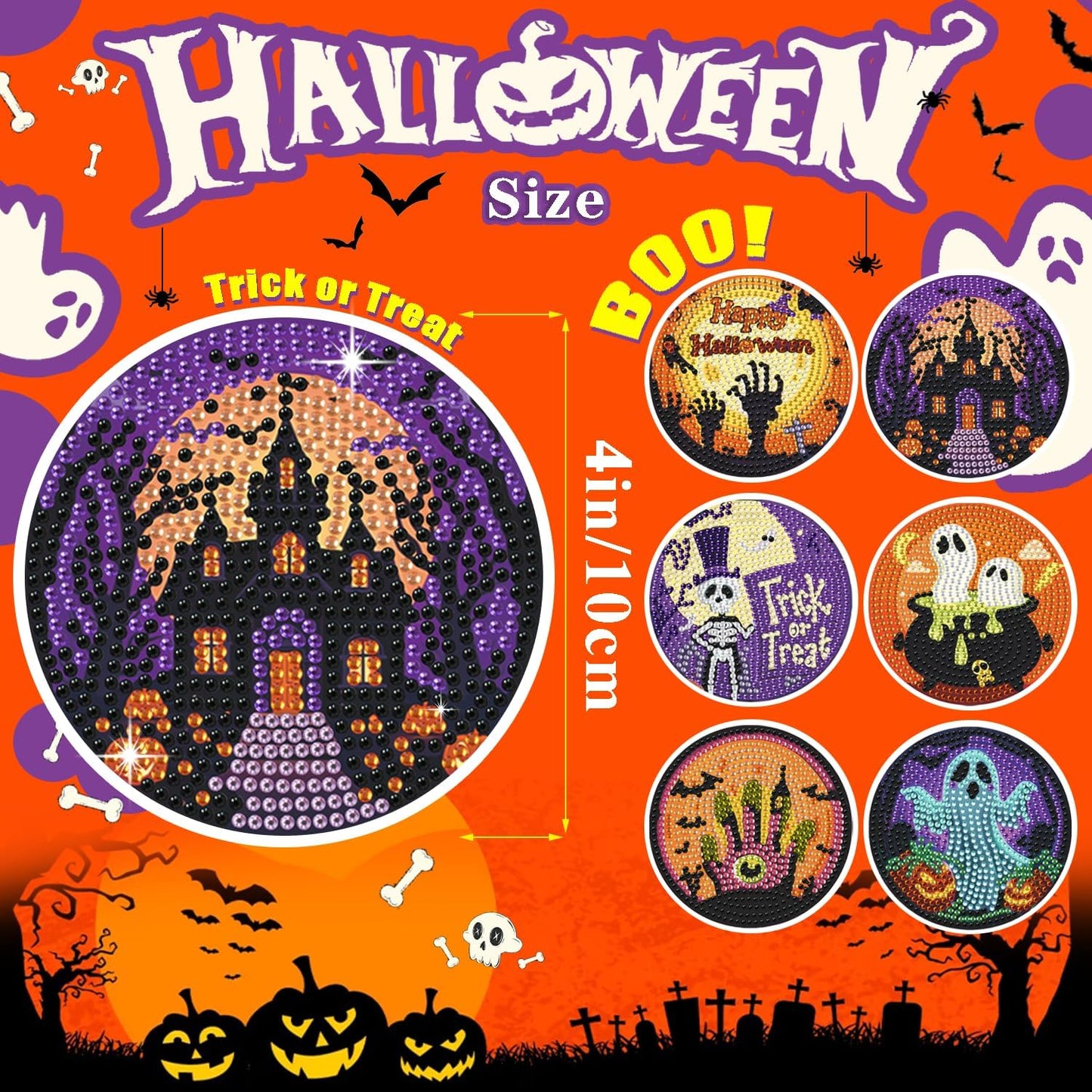 Leatrice 6PCS Halloween Diamond Art Coasters Kits Small Diamond Painting Kits for Adults Beginners Women Gem Art Coasters with Holder Funny Arts Supplies for Halloween Party Trick or Treat