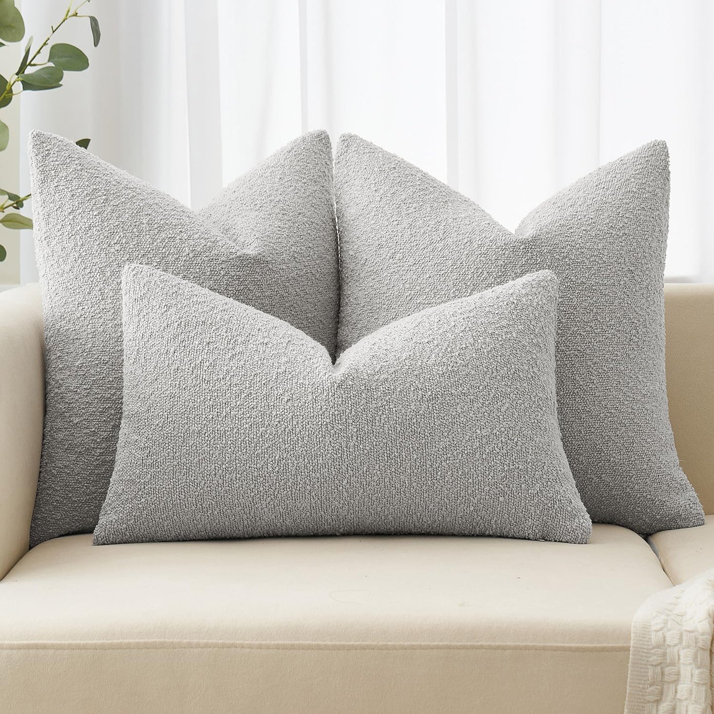 MIULEE 20x20 Inch Decorative Pillow Covers for Couch Bed Set of 2 Textured Boucle Neutral Winter Throw Pillows Light Grey Accent Solid Cushion Pillowcases Sofa Livingroom Home Decor