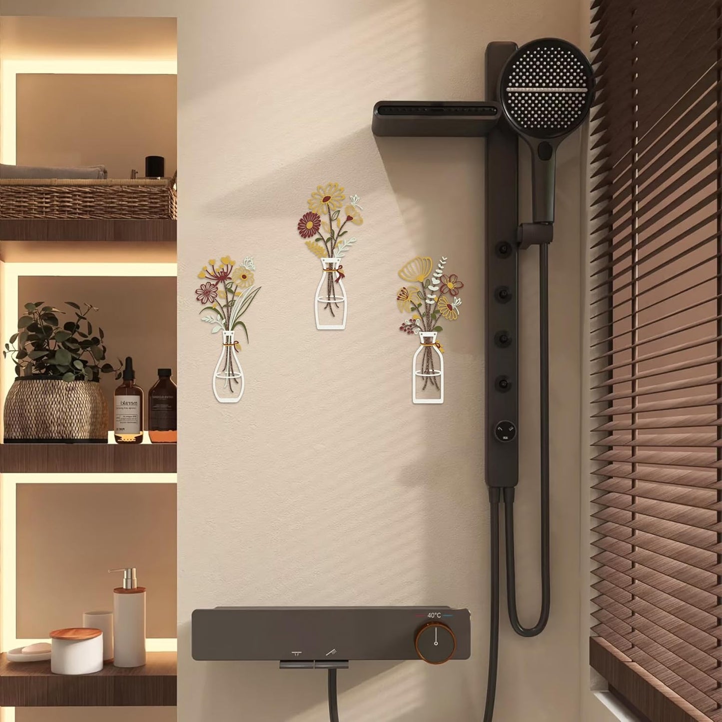 Iron Metal Vase Flower Wall Art Set of 3 - Minimalist Black Floral Decor for Living Room Bedroom Kitchen, Office Garden - Modern Farmhouse Home Decor & Housewarming Gifts (Yellow-Brown)