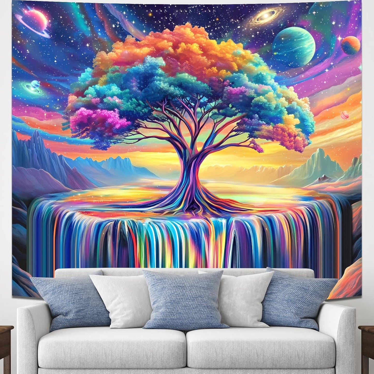 Extra Large Blacklight Tree of Life Tapestry for Bedroom, Black Light Posters Space Galaxy UV Reactive Art Tapestries Aesthetic, Colorful Starry Sky Wall Hanging for Adults Living Room Dorm Decor (71"x90")