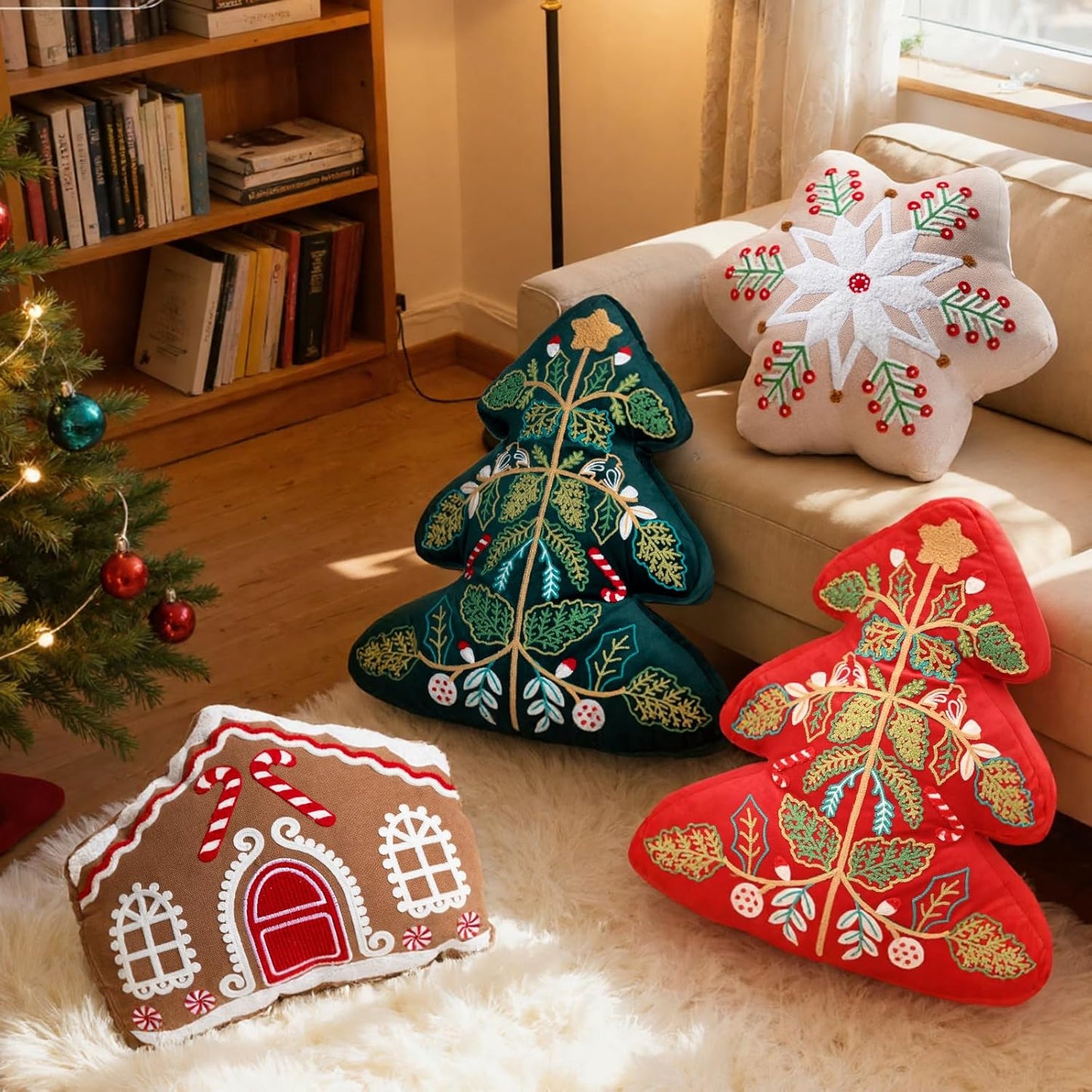 Lanpn Christmas Throw Pillows Set of 3, Christmas Decoration Winter Throw Cushion Snowflake Gingerbread House 3D Shaped Xmas Tree Pillow for Sofa Living Room Bedroom Xmas Decor