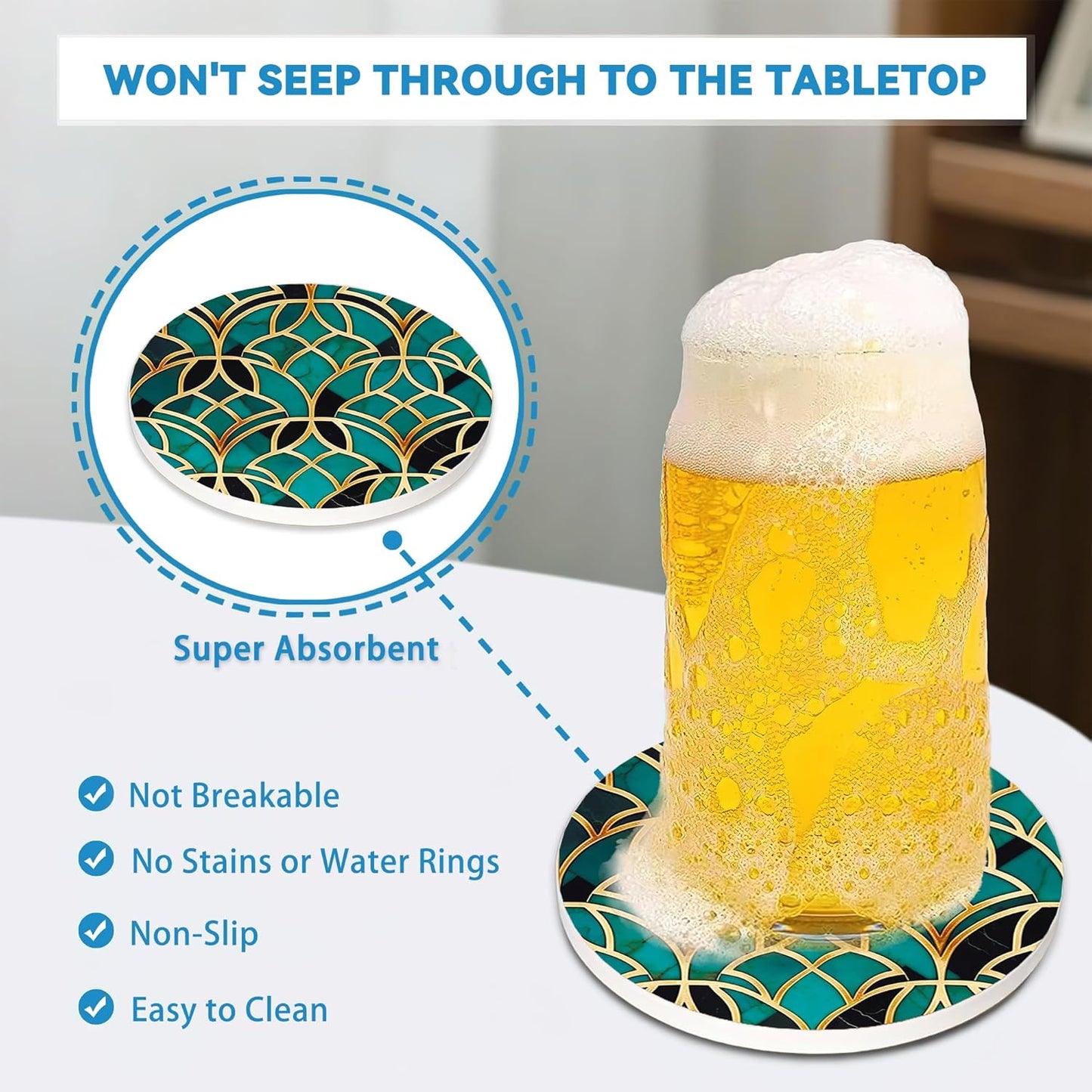 Green Marble Coasters Set of 4, Round Absorbent Ceramic Cup Mat with Cork Base, Cute Coasters for Table Home Decor, Ideal Gifts for Women Men