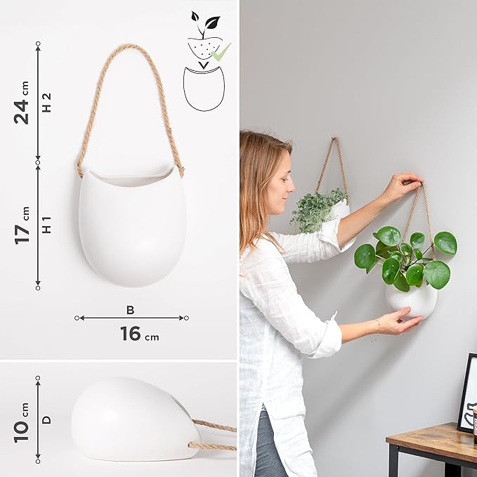 Kazai. Wall Planters -Ellie- | Hanging Ceramic Plant Pots 2 Pieces | Wall Decoration for Indoors, Balcony and Garden | White (Matte)