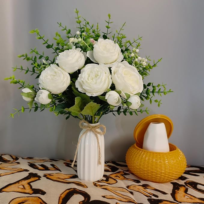 Fake Flowers in Vase, Ceramic Vase with Artificial Silk Flowers, Faux Eucalyptus Stems Flower Arrangement for Farmhouse Indoor Table Centerpiece, Bathroom Living Room Home Decor, Bedroom Decorations