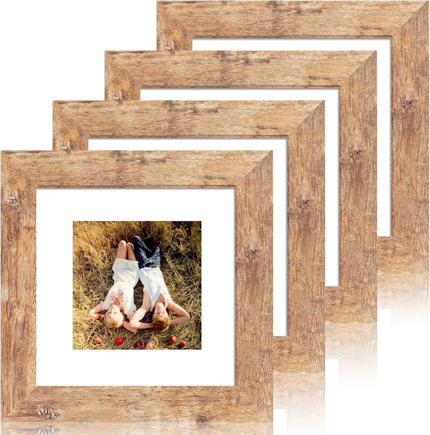 iRahmen 6x6 Picture Frame Set of 4 with Real Glass, Rustic Brown Frames Display 4x4 Picture with Mat or 6 x 6 Without Mat, Square Wood Photo Frame for Wall Mount and Tabletop Display