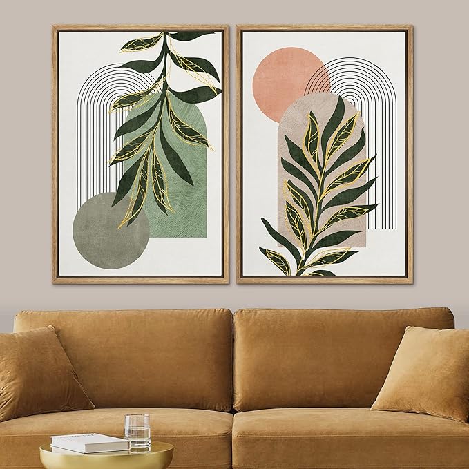 SIGNFORD Framed Canvas Print Wall Art Set Jungle Palm Leaf Geometric Polygons Abstract Shapes Illustration Modern Art Decorative Nordic Nature for Living Room, Bedroom, Office - 16"x24"x2 Natural