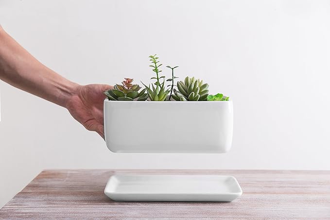 MyGift 10 Inch Modern Unglazed White Ceramic Indoor Plant Pot with Drainage Hole, Rectangular Succulent Planter Window Box with Removable Saucer, 1 Pack