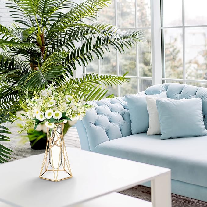 4 Pcs Gold Geometric Vase for Centerpieces Metal Flower Stand with Glass Cylinder Hydroponic Plant Flower Vase for Home Floor Office Wedding