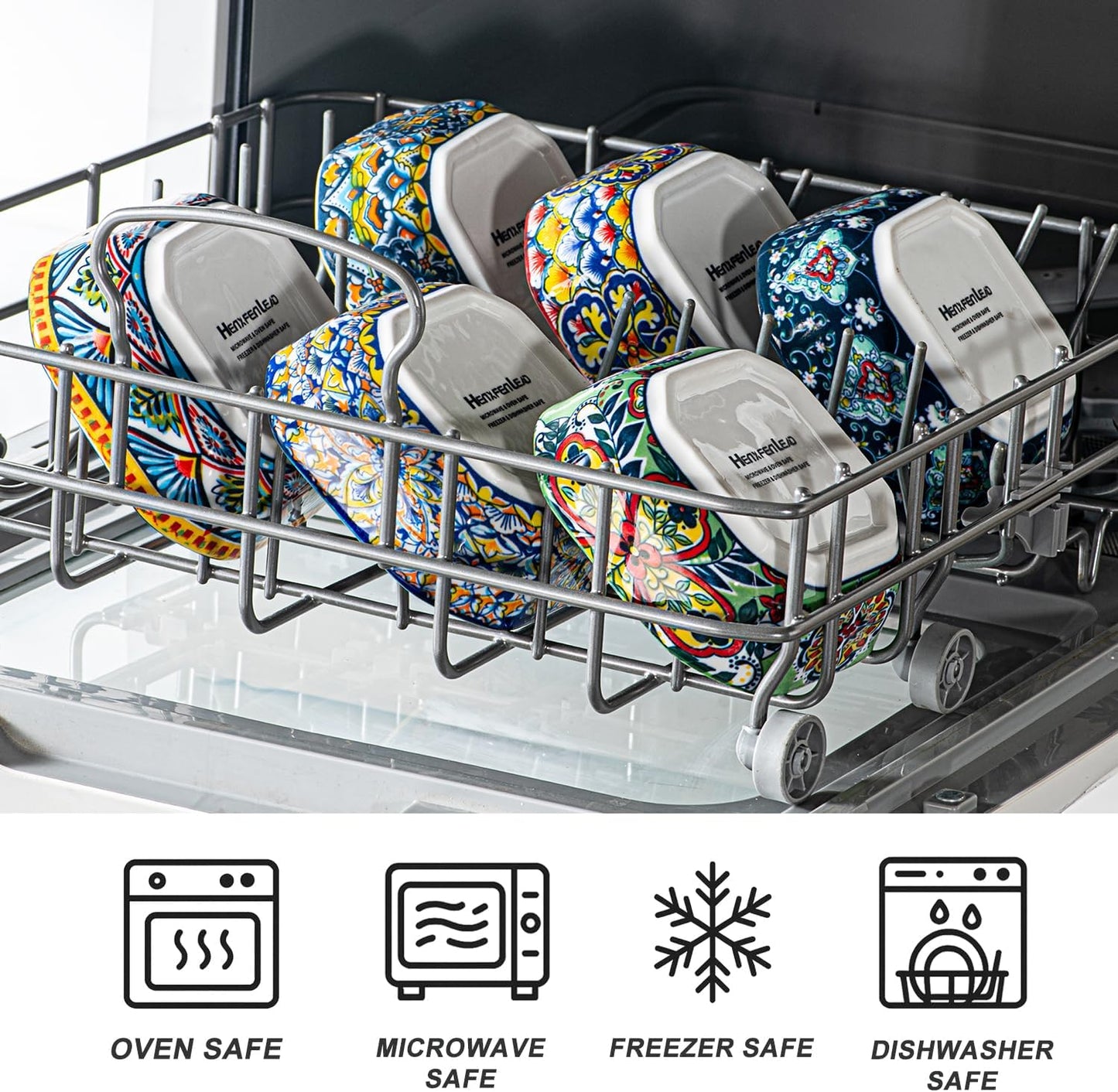 HENXFEN LEAD Boho Dipping Bowls – 8 oz Small Ceramic Snack Bowls, Square Soy Sauce Dish for Dips, Salsa, Side Dishes, Dessert – 4.3 Inch Appetizer Plates Set of 6