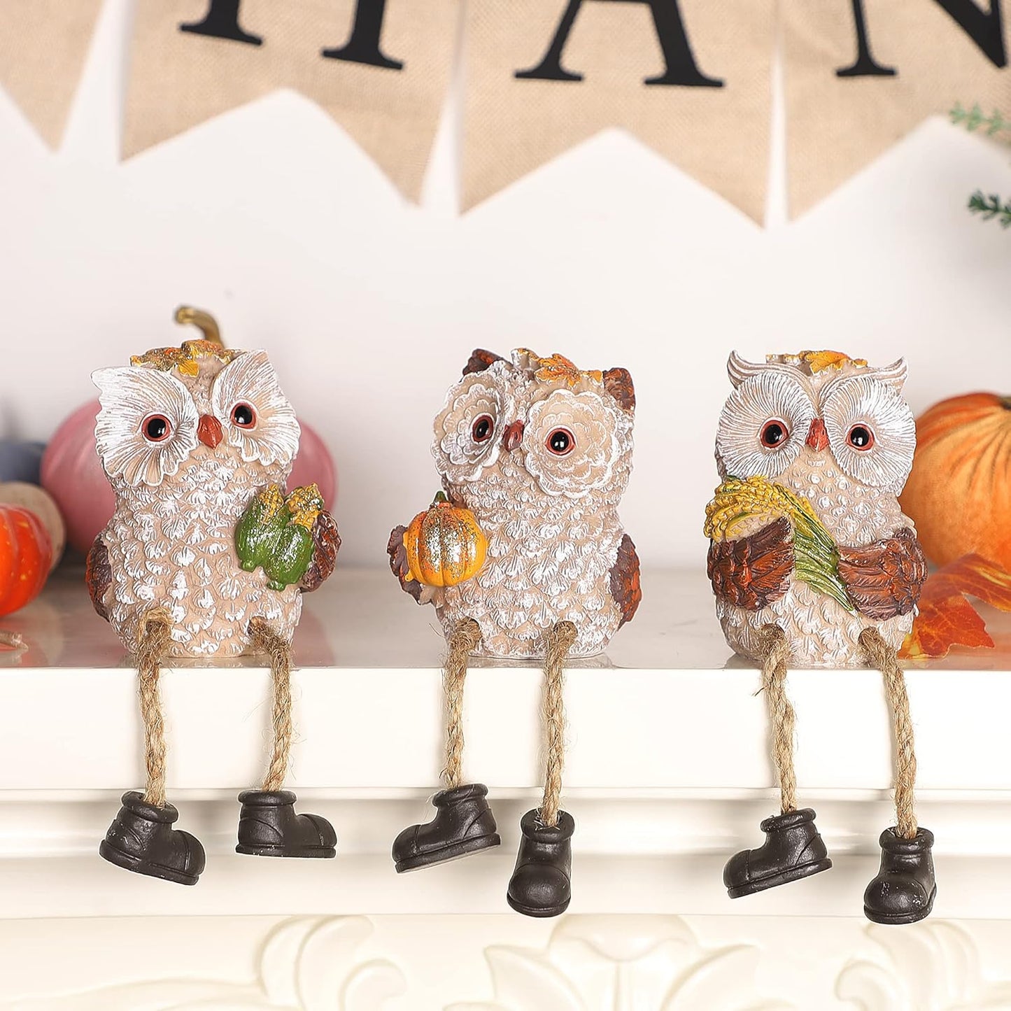 Lulu Home Thanksgiving Figurines, Set of 3 Resin Owl Shelf Sitters with Dangling Legs, Wheat Maize Pumpkin Harvest Sculpture for Window Sill Kitchen Tabletop Autumn Home Decor
