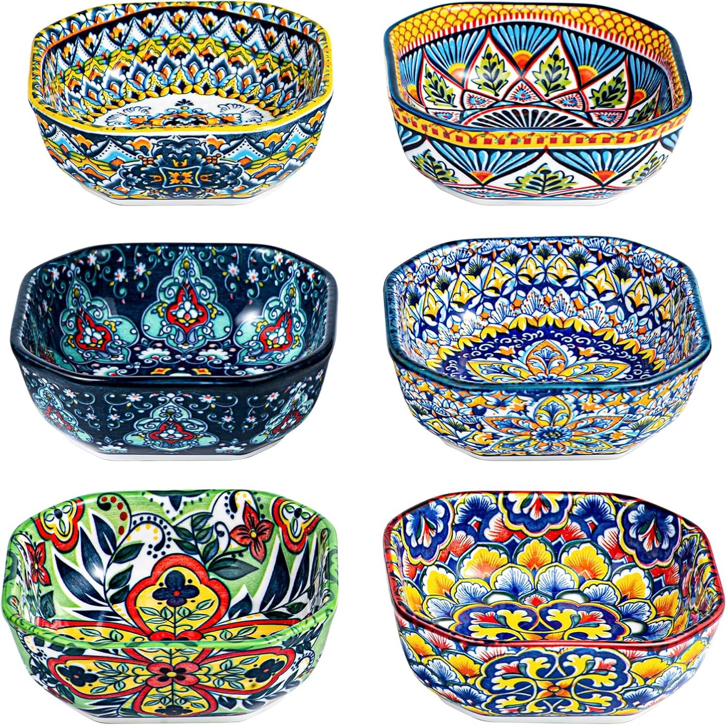 HENXFEN LEAD Boho Dipping Bowls – 8 oz Small Ceramic Snack Bowls, Square Soy Sauce Dish for Dips, Salsa, Side Dishes, Dessert – 4.3 Inch Appetizer Plates Set of 6