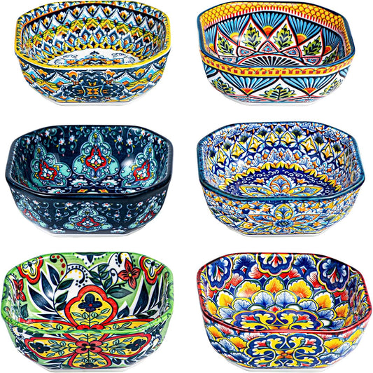 HENXFEN LEAD Boho Dipping Bowls – 8 oz Small Ceramic Snack Bowls, Square Soy Sauce Dish for Dips, Salsa, Side Dishes, Dessert – 4.3 Inch Appetizer Plates Set of 6