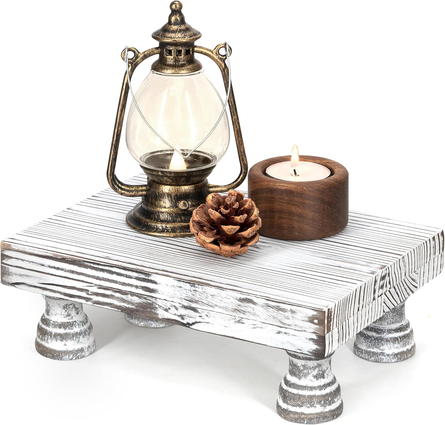 EOSAHR Boho Fir Wood Risers for Decor for Small Vanity - Decorative Risers Display Stand for Home Decor - Double as Plant Stand & Perfume Organizer (Distressed White, 8.5")