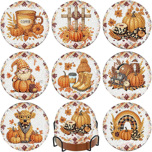 Meothan 8 Pcs Diamond Art Coasters Kits for Adults with Holder Cork Pads, Fall Diamond Dots Art Painting Coasters Crafts Kit for Home Office Decor (Autumn Theme)