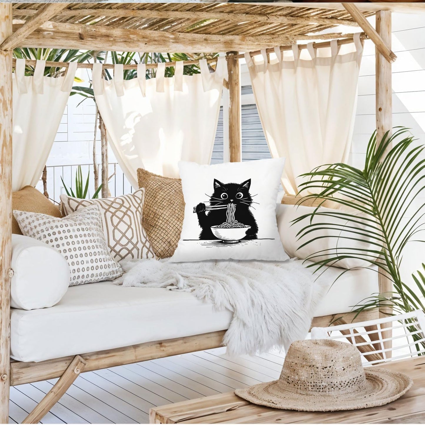 Funny Black Cat Pillow Covers 18x18, Cat Room Decor, Cute Black Kitten Eating Japanese Noodles Decorative Throw Pillow Covers Pillowcases for Bedroom Living Room Home Decor