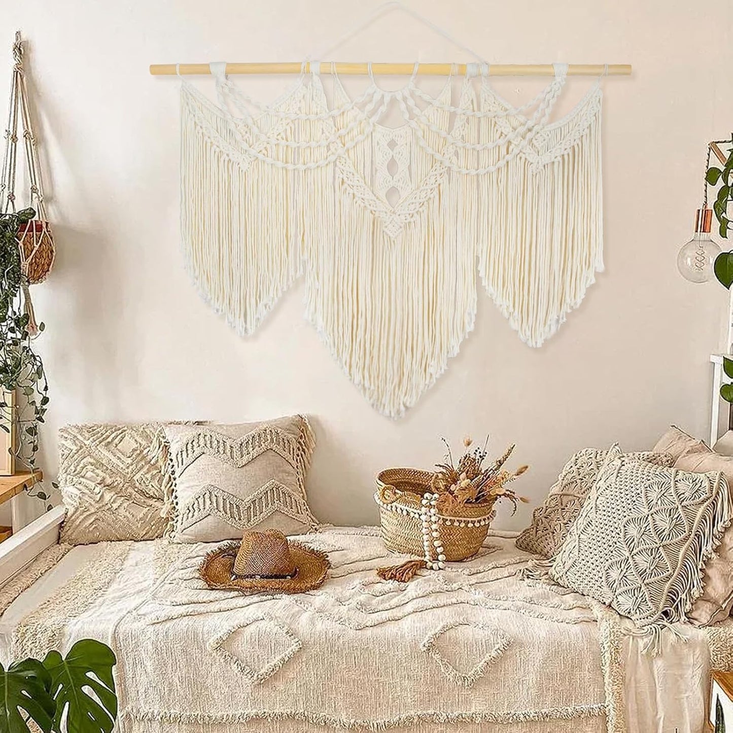 Gliterra Large Macrame Wall Hanging Handmade Boho Tapestry 43"x32" - Wall Art Decor for Living Room, Bedroom, Wedding (Cream)