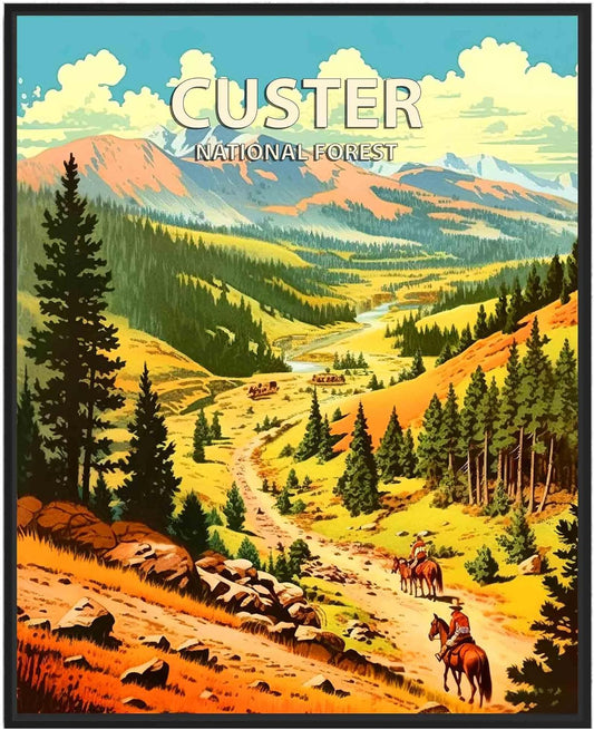 Custer National Forest Poster Art Print Retro Mountain Wall Art Poster Vintage Decor Nature Recreation Wilderness Wildlife Decoration, Outdoor Adventure Scenic Beauty Artwork. (Custer National Forest,