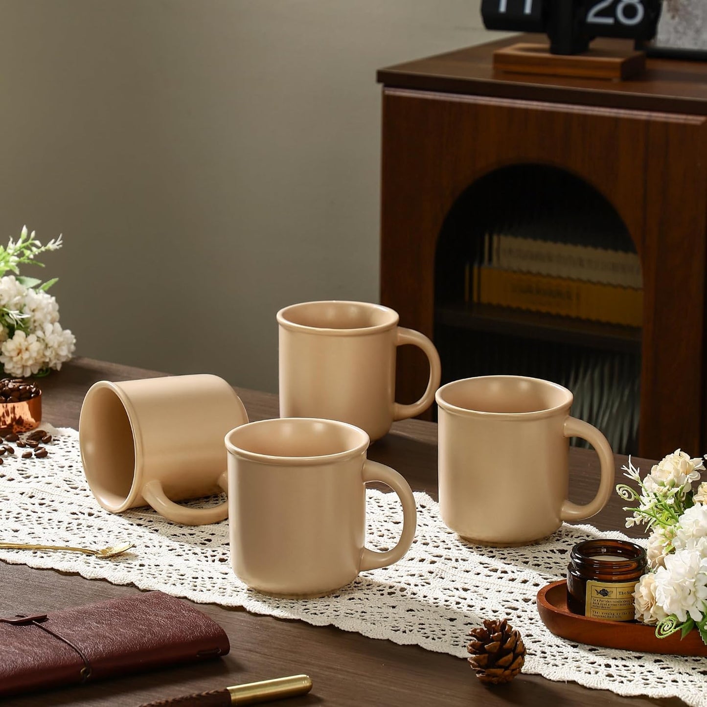 GZG 18 oz Coffee Mugs Set of 4, Modern Ceramic Coffee Cups Set with Handle, Large Coffee Mugs for Tea, Latte, Milk, Cocoa, Rustic Matte Glaze, Microwave & Dishwasher Safe(Warm Sand)