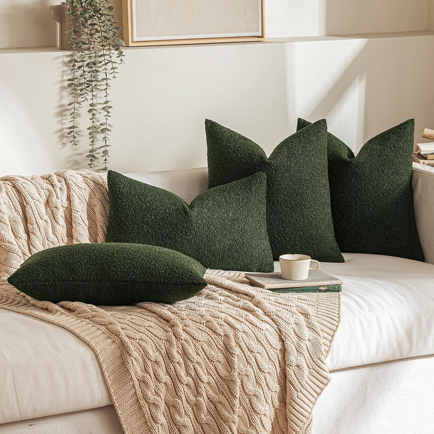 MIULEE 12x20 Inch Christmas Decorative Lumbar Throw Pillows for Bed Set of 2 Textured Boucle Neutral Winter Throw Pillow Covers Dark Green Accent Solid Pillowcases Sofa Livingroom Home Decor