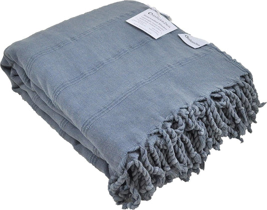 InfuseZen Large Stonewashed Turkish Throw Blanket - 100% Organic Turkish Cotton - 92" x 69" - Soft, Lightweight, Cozy - Love Seat, Sofa, Bed, Picnic, Yoga - Sand Free Beach Blanket - Denim