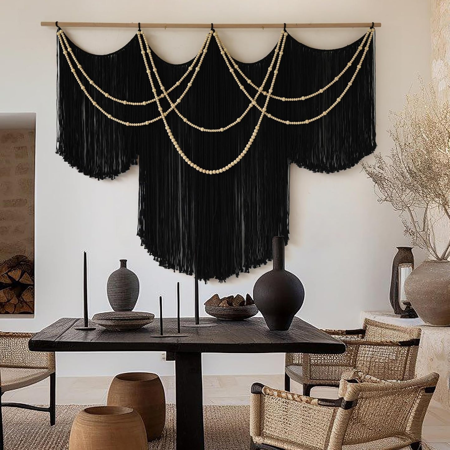 Macrame Wall Hanging Black Yarn Tapestry Home Decor Large Fiber Wall Art Living Room Bedroom Home Wall Decor 57" W x 43" L
