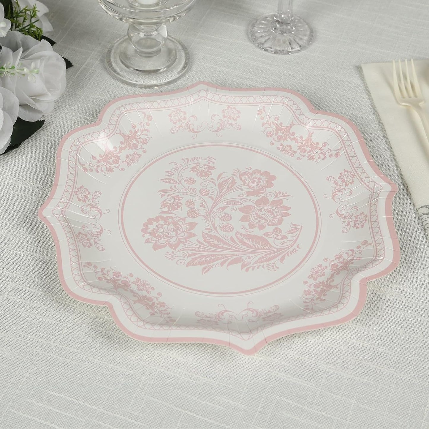 Efavormart 25 Pack White Pink Paper Dessert Plates in Damask Floral Pattern, 8" Round Disposable Salad Appetizer Plates with Scalloped Rims - 300 GSM