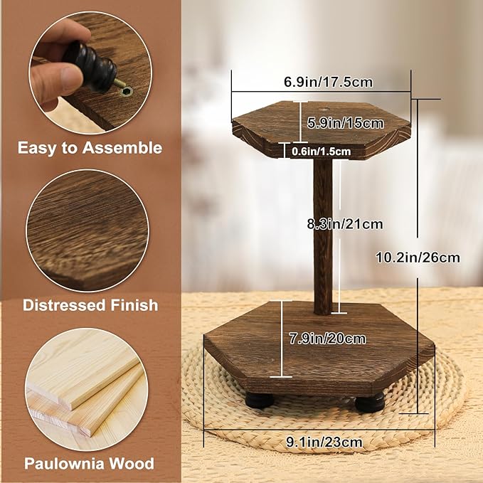 Tikea Hexagonal Wood Riser for Display, 2-Tier Rustic Wood Farmhouse Riser for Kitchen Bathroom Counter Decor, Decorative Tray for Soap Dispenser, Decorations and Plant (Brown)