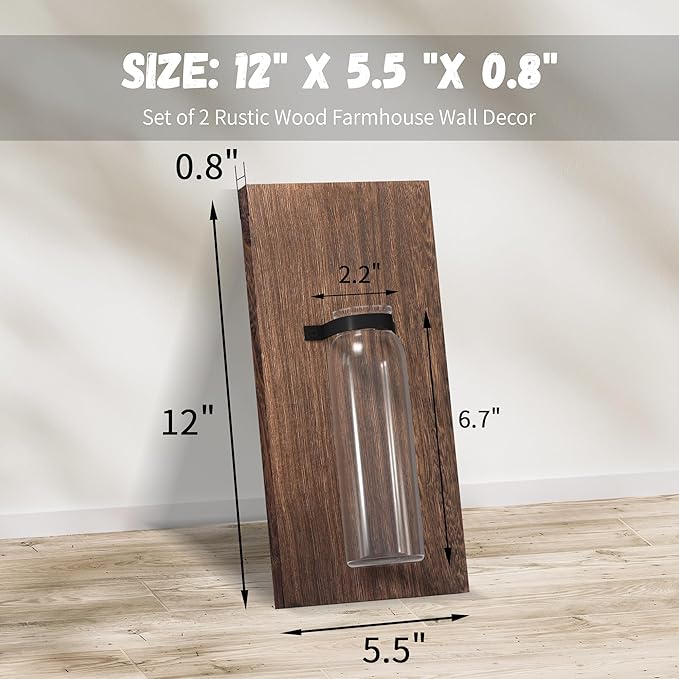 2 Pack Wood Glass Wall Sconces, Farmhouse Planters for Indoor Plants, Rustic Decor for Living Room, Hanging Vase (Brown)