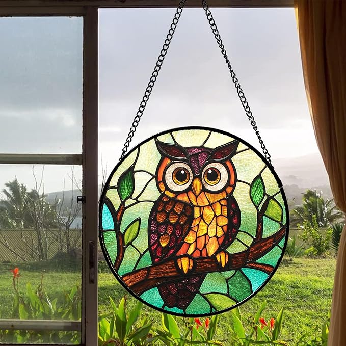 Stained Glass Window Hanging - Owl on a Branch Suncatcher for Doors Window Home Orange Brown Sun Catchers Decor Christmas Mother's Day Birthday Gifts for Teacher Women Men Mom Nana 7.8 in