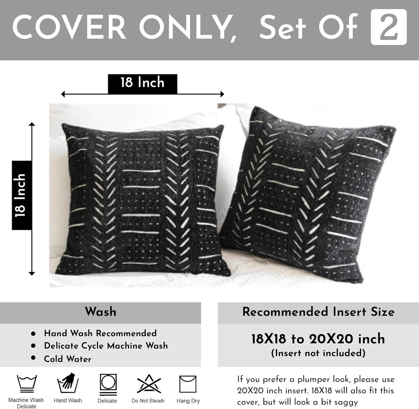 BlissBlush Black Decorative Throw Pillow Covers 18X18, Set of 2, Boho Farmhouse Cushion Cover, Cozy Soft Accent Pillowcase for Couch Sofa Bed Living Room Home Décor