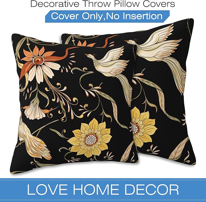 Vintage Flowers and Birds Pillow Covers 18x18 Inch Set of 2 Soft Decorative Throw Pillow Case for Living Room Bedroom Sofa Couch Cushion Covers
