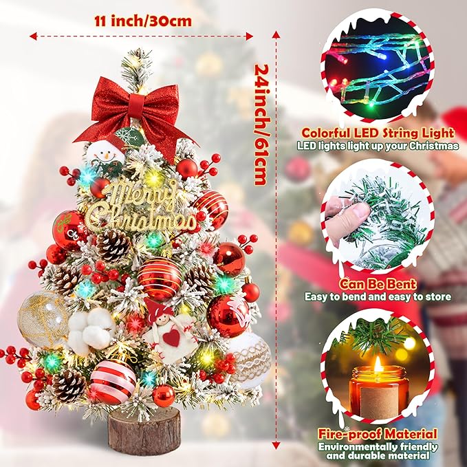 24 Inch Tabletop Christmas Tree with DIY Decorations,Snow Flocked Mini Xmas Tree with Multicolor LED Lights, Red Bow Topper, Pinecones, Rustic Wood Base, for Home Office Desk Classroom