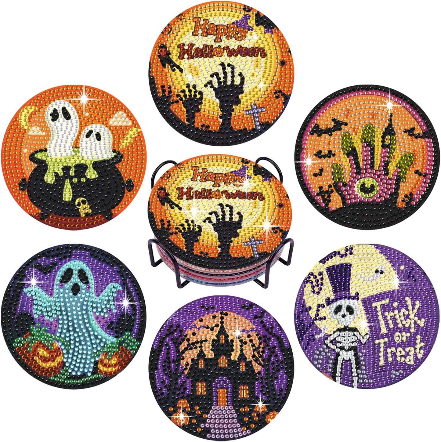 Leatrice 6PCS Halloween Diamond Art Coasters Kits Small Diamond Painting Kits for Adults Beginners Women Gem Art Coasters with Holder Funny Arts Supplies for Halloween Party Trick or Treat