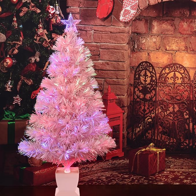 3ft Pink Fiber Optic Christmas Tree,Pre-Lit Artificial Mini Christmas Tree, Tabletop Small Xmas Tree with Stars Holiday Home Decorations
