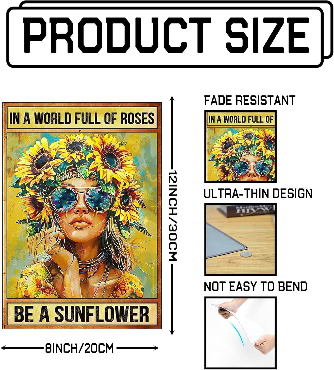 In A World Full Of Roses Be A Sunflower Retro Tin Sign Funny Metal Signs Gift for Women Home Office Living Room Bedroom Garden Yards Wall Decoration 8×12 Inches