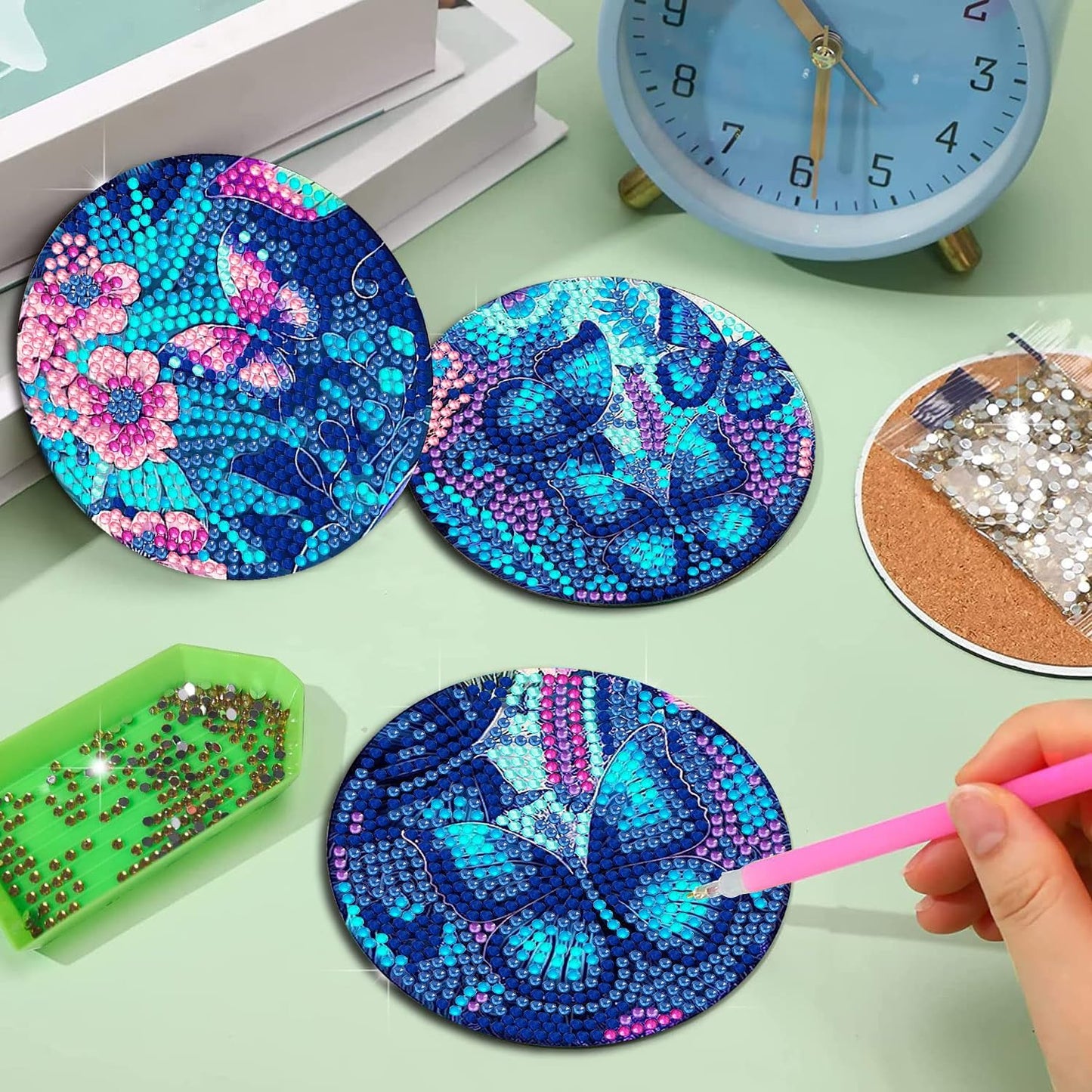 DOZEEZOP 8 PCS Diamond Painting Coasters with Holder, Diamond Art Coasters Kit, Fall Diamond Art Kits for Adults Beginners, Arts and Crafts Supplies Party Item Sets Butterfly Style
