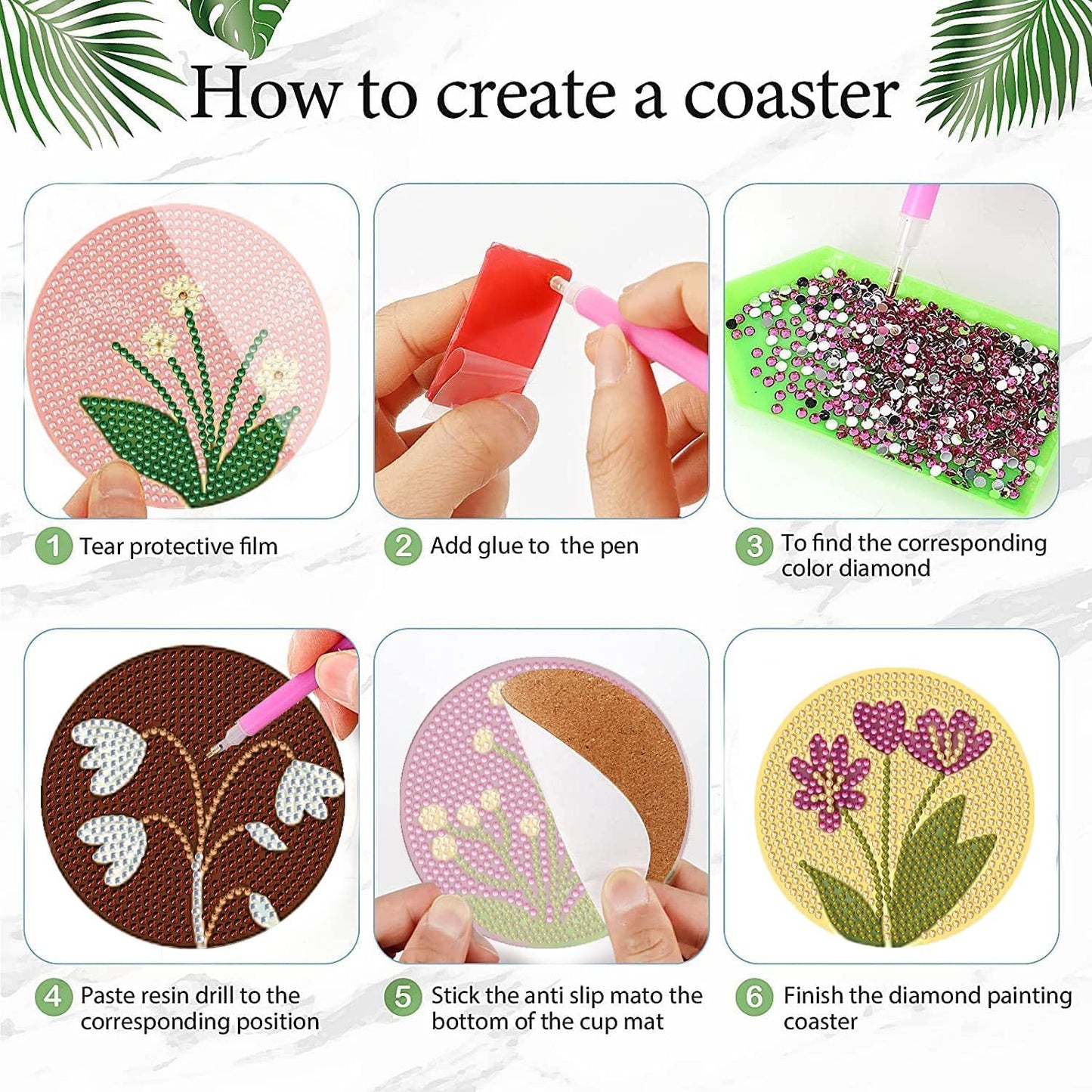 DOTSOPS 6Pack Diamond Art Coaster with Holder 5D Diamond Painting Kits for Adults Round Full Drill Beginners Gem Dots Craft Arts Supplies Party Home Decor Flower