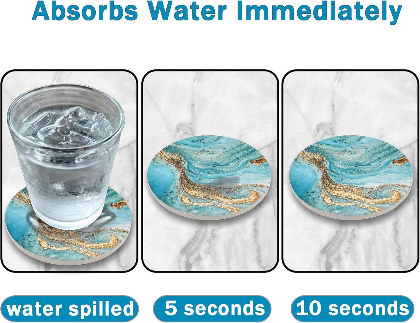 Dooke Coasters for Drinks, Round Absorbent Ceramic Stone Coasters Set of 6 with Cork Base,Funny Coaster with Holder for Cold Drinks Wine Mugs and Cups Tabletop Protection, 4 Inches,Teal Marble